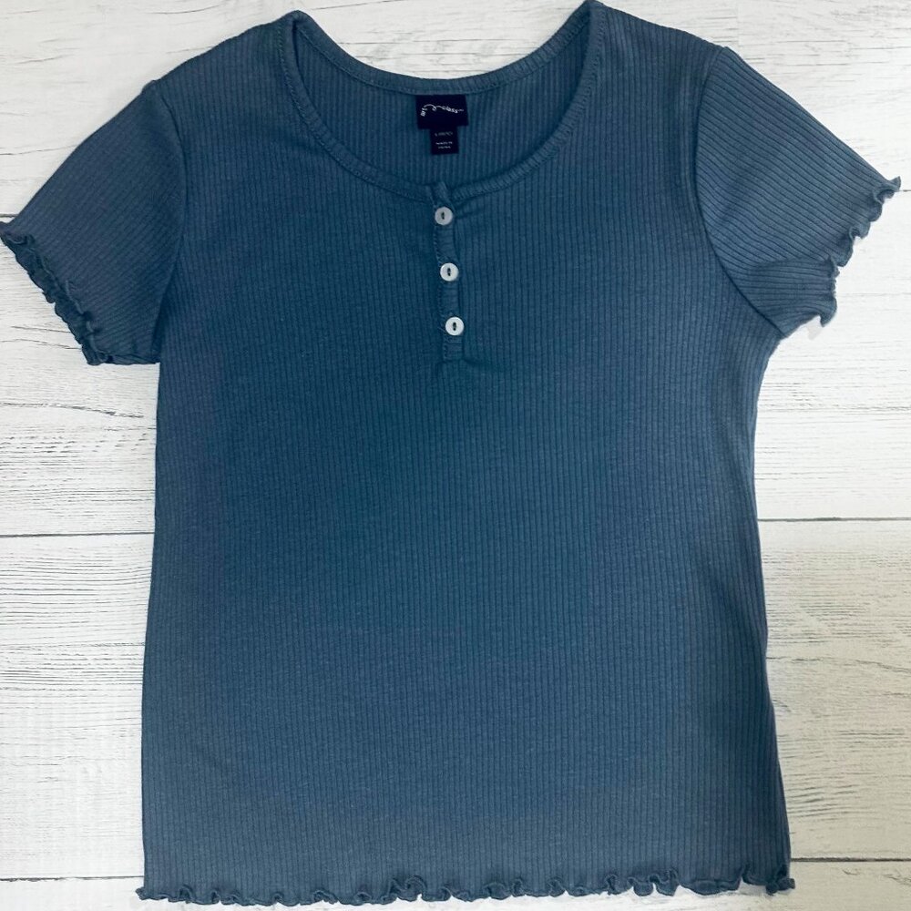 Art Class Ribbed Henley Top Girls Size Large 10/12 Blue Ruffle Trim - Picture 2 of 5